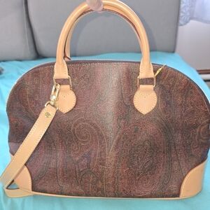 Etro Brown and Tan Paisley Italian Leather Alma Style Satchel